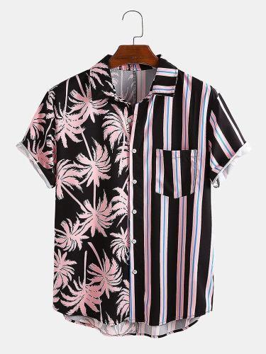 Men Coconut Print Stripe Stitching Casual Holiday Curved Hem Shirt