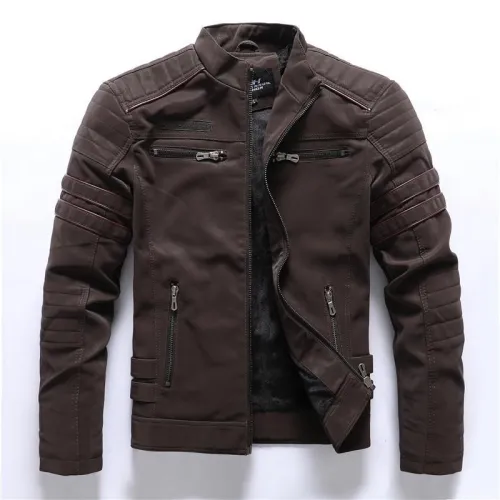 Men'S Zipper Stand Collar Leather Jacket