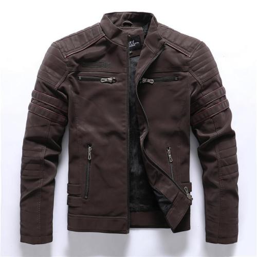 Men'S Zipper Stand Collar Leather Jacket