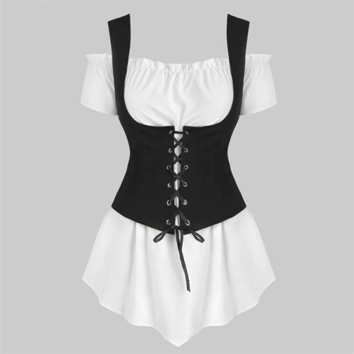 Medieval Steampunk 2Peices Clothing Set For Woman Off Shoulder Shirt Bandage Vest Stage Viking Pirate Cosplay Costumes