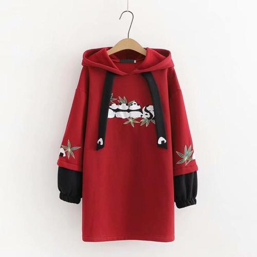 Panda Embroidery Hoodie Dress Lantern Sleeve Color Block