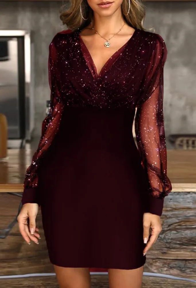 Women Glitter Dress Sheer Mesh Sleeve V Neck Bodycon Mini Dress
