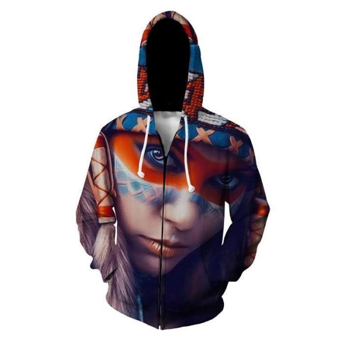 Blue, Red And White Native American Girl 3D Hoodie - Native American Clothing