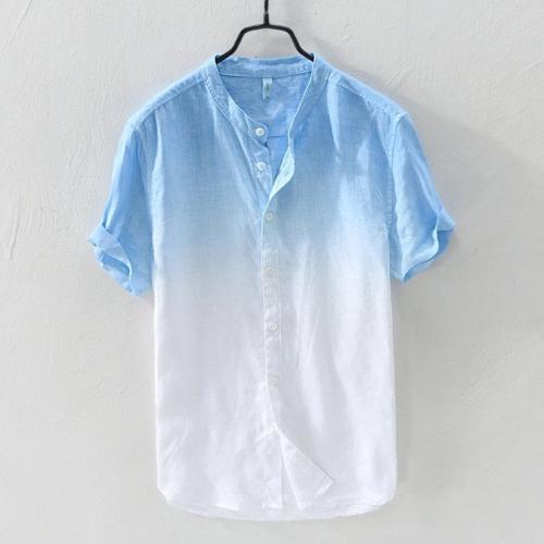 Mens Gradient Color Summer Short Sleeve Cotton Shirt