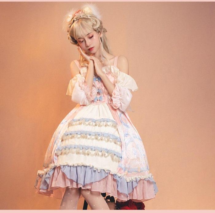 Victorian Lolita Sweet Soft Plus Size Pink Op Skirt Vintage Dresses Print Kawaii Girls Loli Cute Princess Dress