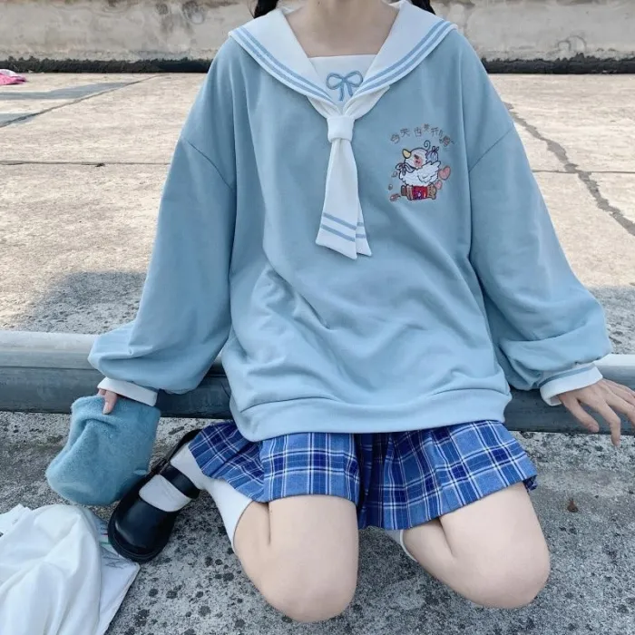 Mori Girl Style Hoodie Kawaii Duck Embroidery Sailor Collar Sweatshirt Harajuku Cute Pullover Top