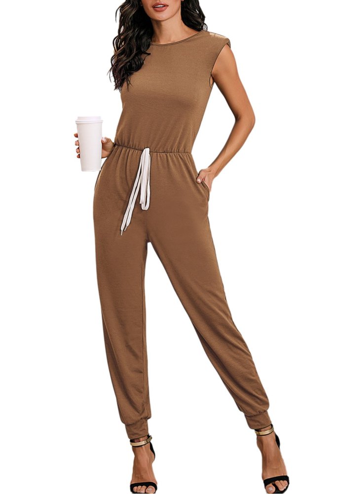Women'S Sleeveless Jumpsuits With Shoulder Padded And Waist Drawstring