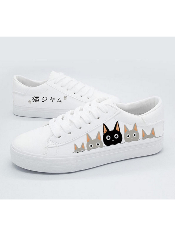 Cat Lovely Footprint Print Casual Shoes Pu Classic White