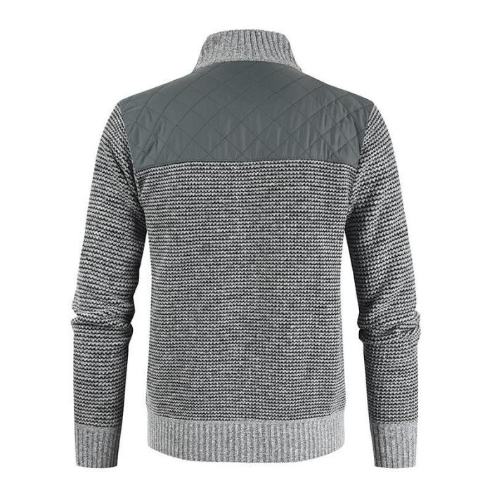 Men Patchwork Tick Stand-Up Collar Sweater Coat
