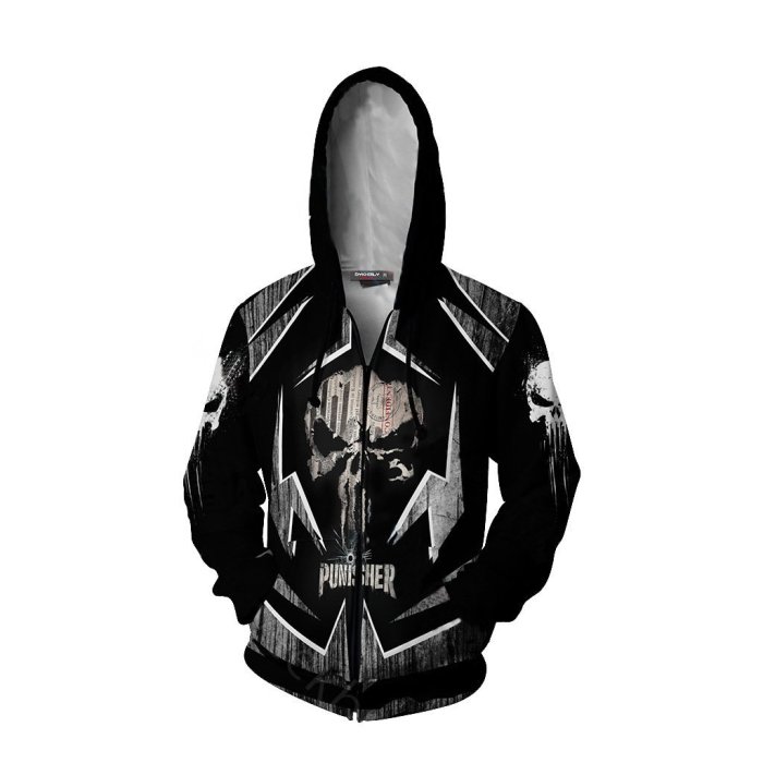 Punisher Movie Frank Castle White Skull Cosplay Unisex 3D Printed Hoodie Sweatshirt Jacket With Zipper