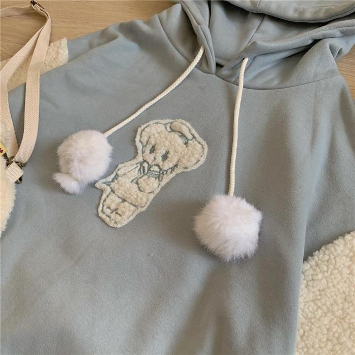Kawaii Lolita Hooded Sweatshirt Solid Lamb Embroidery Patchwork Fleece Long Sleeve Hoodie Pullover