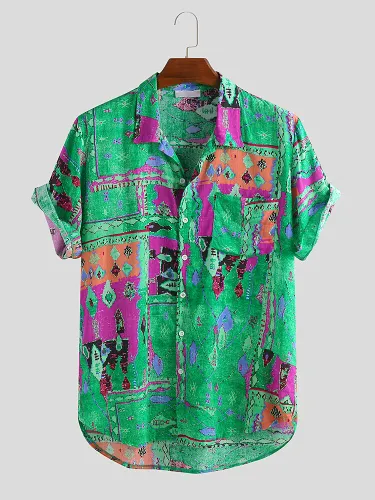 Men'S Summer Turn Down Collar Short Sleeve Loose Shirts