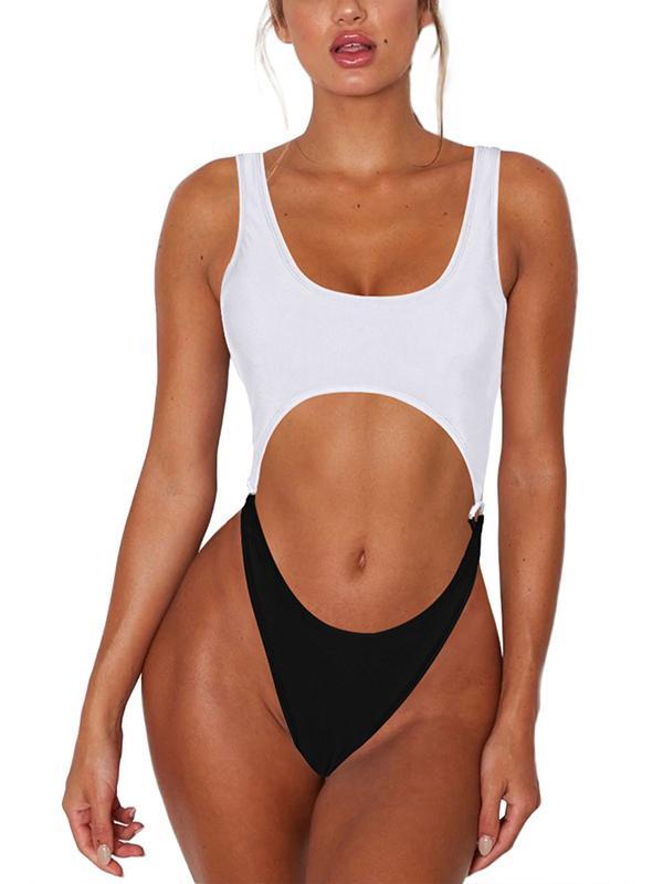 Women'S Sexy Cut Out Color Block Thong High Cut Bathing Suit