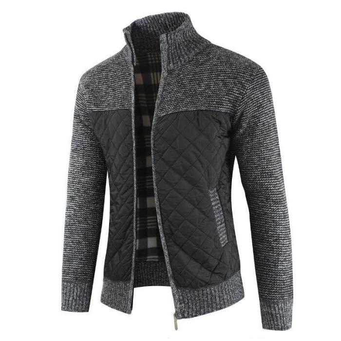 Men Patchwork Tick Stand-Up Collar Sweater Coat