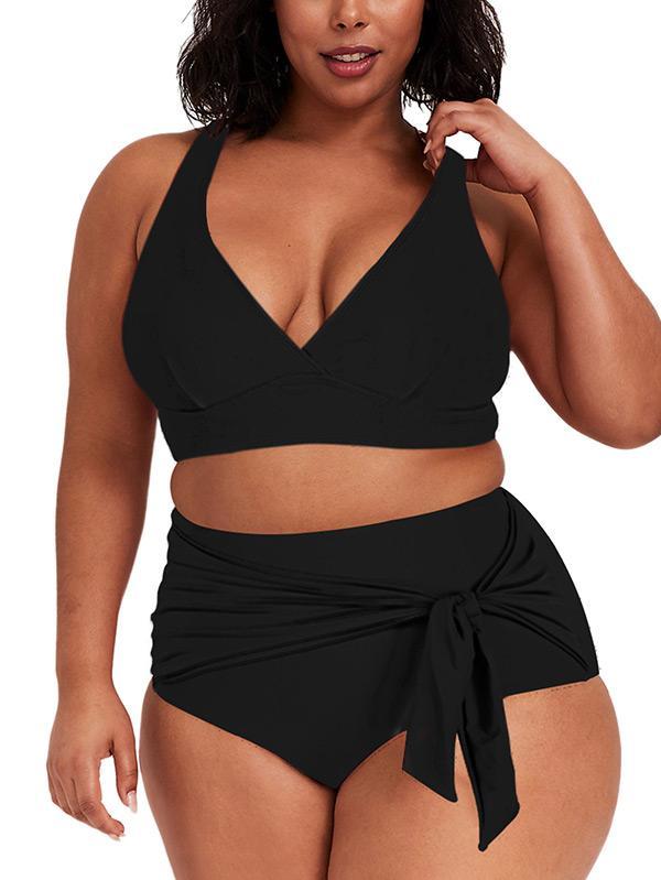 Sexy Plus Size Swimsuits Solid Tummy Control Bikini Set With Tie