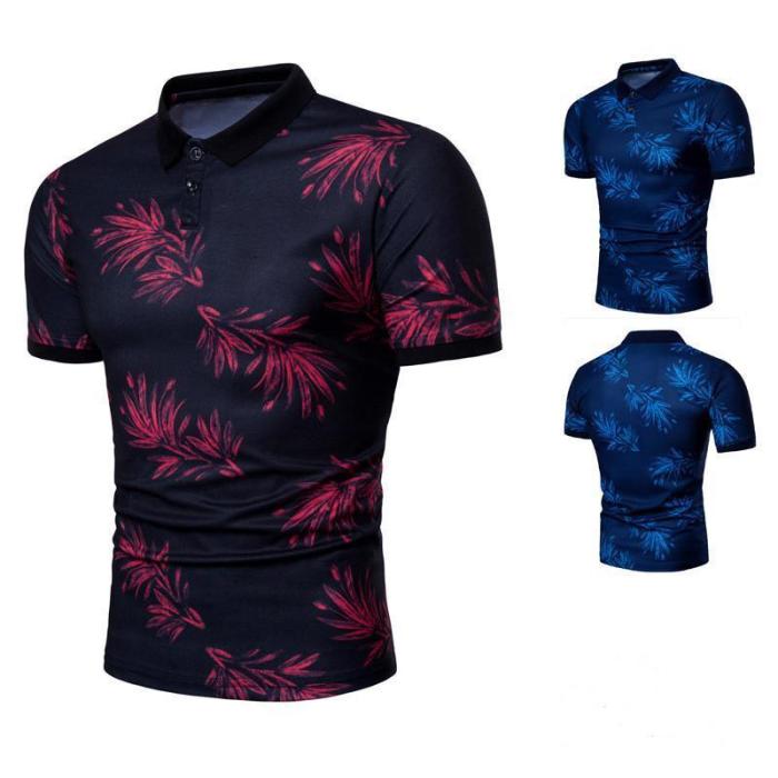 Men'S  Fashion Leaf Printed Short Sleeve Collar Polo