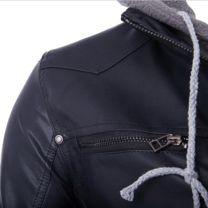 Double-Layer Hooded Zipper Men'S Leather Jacket