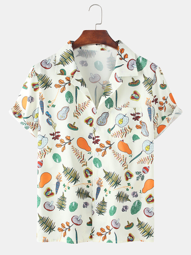 Men Fun Cartoon Fruit Vegetable Printed Casual Lapel Short Sleeve Shirt