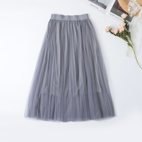 Pure Color Mesh Pleated Skirt