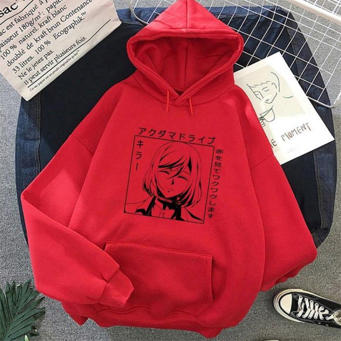 Anime Akudama Drive Murderer Print Harajuku Oversize Hoodie Pink Tops Warm Couple Casual Sweatshirt