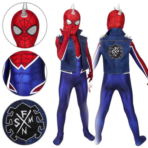 Kids Spider-Man Peter Parker Spider-Punk Suit Ps4 Spider-Man Jumpsuit Cosplay Costume -