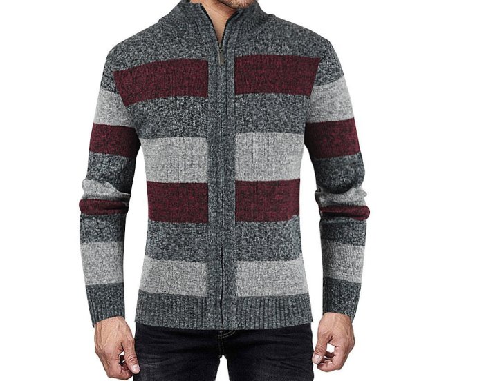 Men Fashion Patchwork Color Stand-Up Zipper Sweater