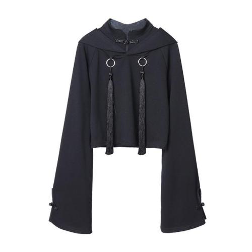 Tassel Buckle Chinese Characters Embroidered Flared Sleeve Hoodie