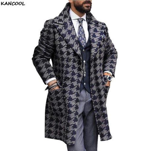 Kancool Men Wool Vintage Long Trench Overcoat