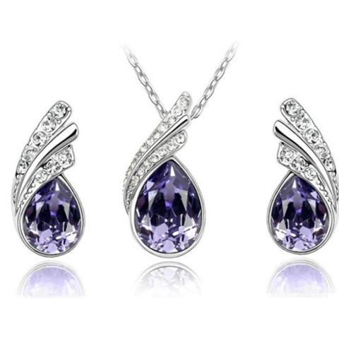 Angel Tear Drop Austrian Crystal Pendant & Earring Set Purple