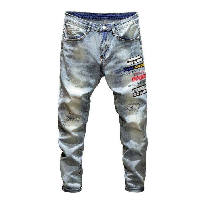 Men'S Summer Thin Section Washed Hole Letter Printed Jeans