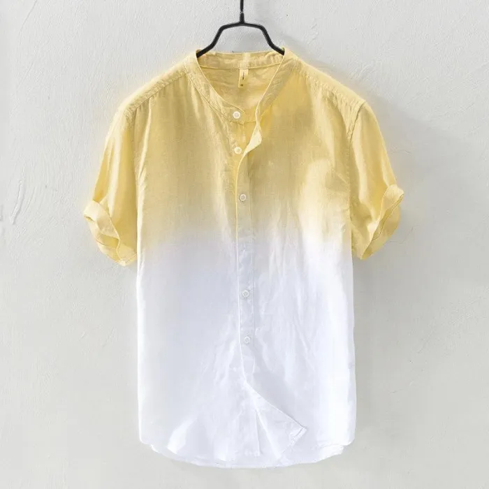 Mens Gradient Color Summer Short Sleeve Cotton Shirt