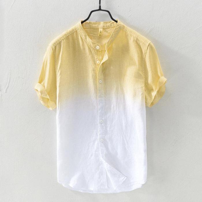 Mens Gradient Color Summer Short Sleeve Cotton Shirt
