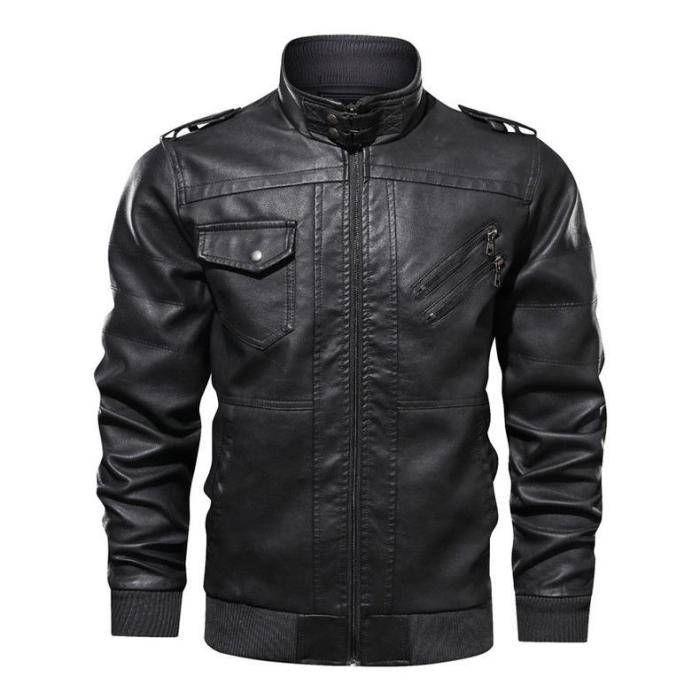 European-American Style Men Stand Collar Pu Leather Clothing