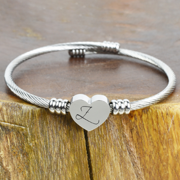 Solid Stainless-Steel Heart Initial Cable Bangle - All Letters