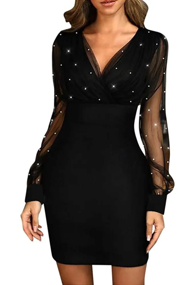 Women Glitter Dress Sheer Mesh Sleeve V Neck Bodycon Mini Dress