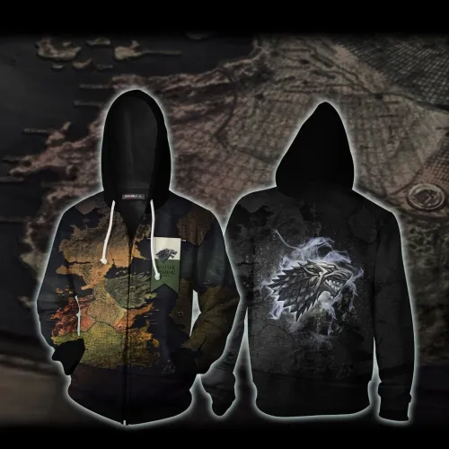 Game Of Thrones Tv Stark Family Flag North Plain Wolf Map Cosplay Unisex 3D Printed Hoodie Sweatshirt Jacket With Zipper
