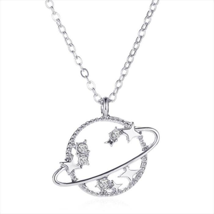 Rhinestone Planet Moon And Star Pendant Necklace