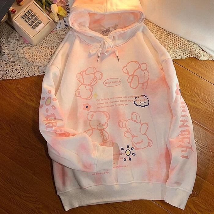 Tie Dye Thick Warm Cute Pink Hoodie Oversize Sweatshirt Hooded Harajuku Vintage Pullover