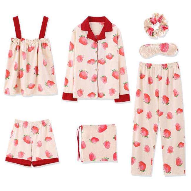 Sweet Strawberry Print Pajama 7 Pieces Set