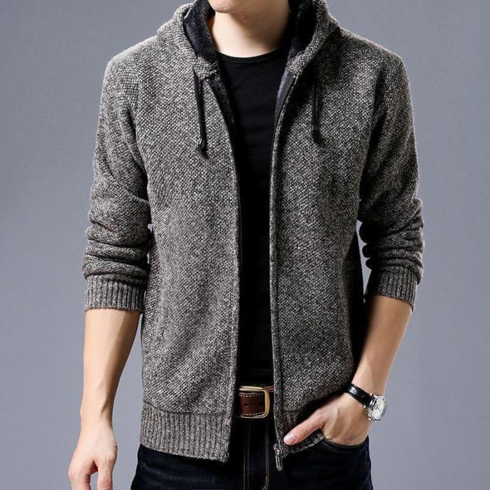Men Fashion Casual Zipper Solid Hooded Knitted Sweater