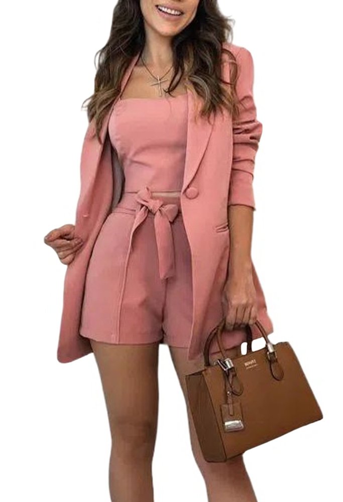 Long Blazer For Women Camisole Top Bow Tie Shorts Three Pieces Sets
