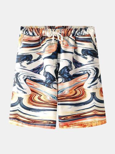 Men Chinese Style Printed Pocket Drawstring Casual Beach Shorts