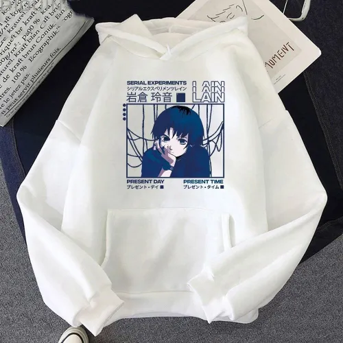 Anime Hoodie Kawaii Aesthetic Serial Experiments Lain Print Vintage Street Style Japanese Fashion Pullover
