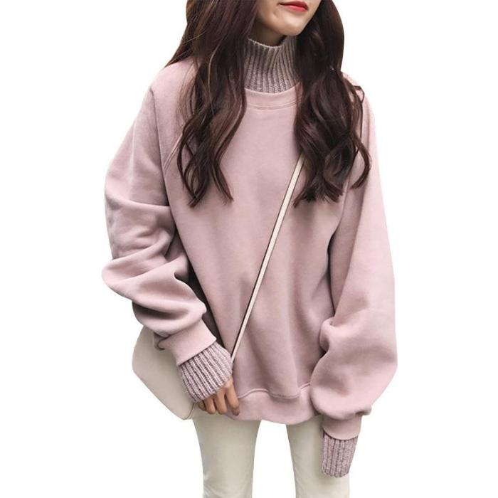 Office Lady Patchwork Knit Casual Fake Two Pieces Sweatshirt Loose Thick Keep Warm Turtleneck Hoodie Plus Velvet