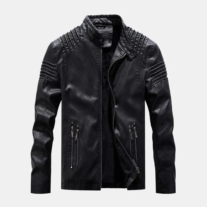 Vintage Pu Windproof Zippers Stand Collar Thick Casual Jacket
