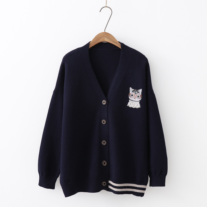Cat Embroidery Cardigan Sweater