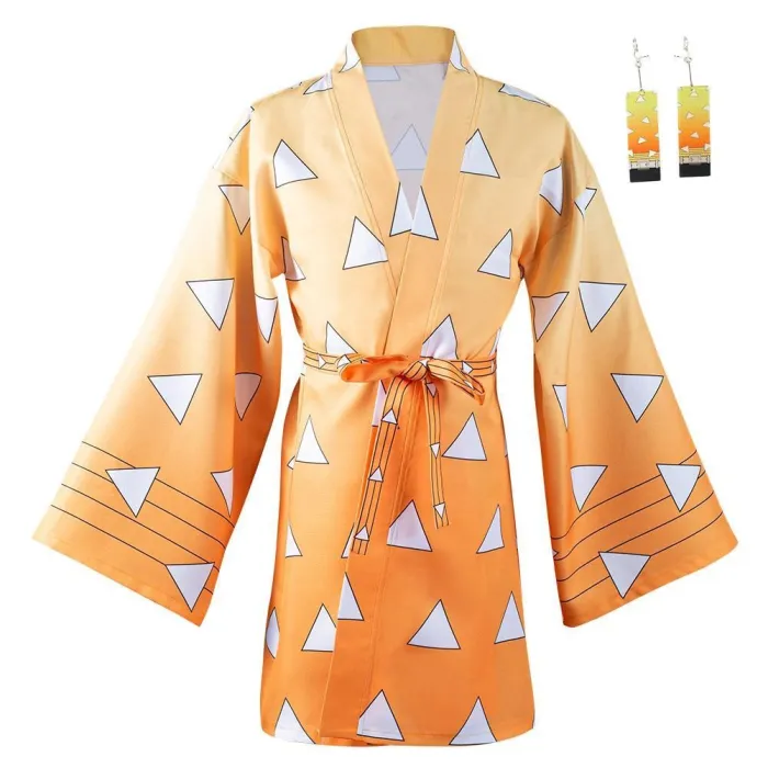 Demon Slayer Agatsuma Zenitsu Halloween Carnival Suit With Earrings Belt Cosplay Costume