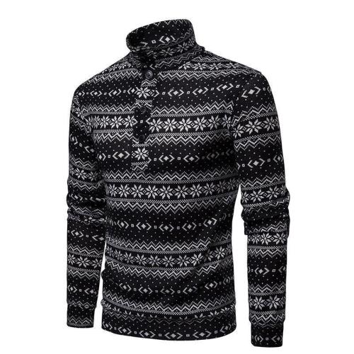 Cotton Polo Turtleneck Sweater Winter Snowflake Pattern Stretch Jumper