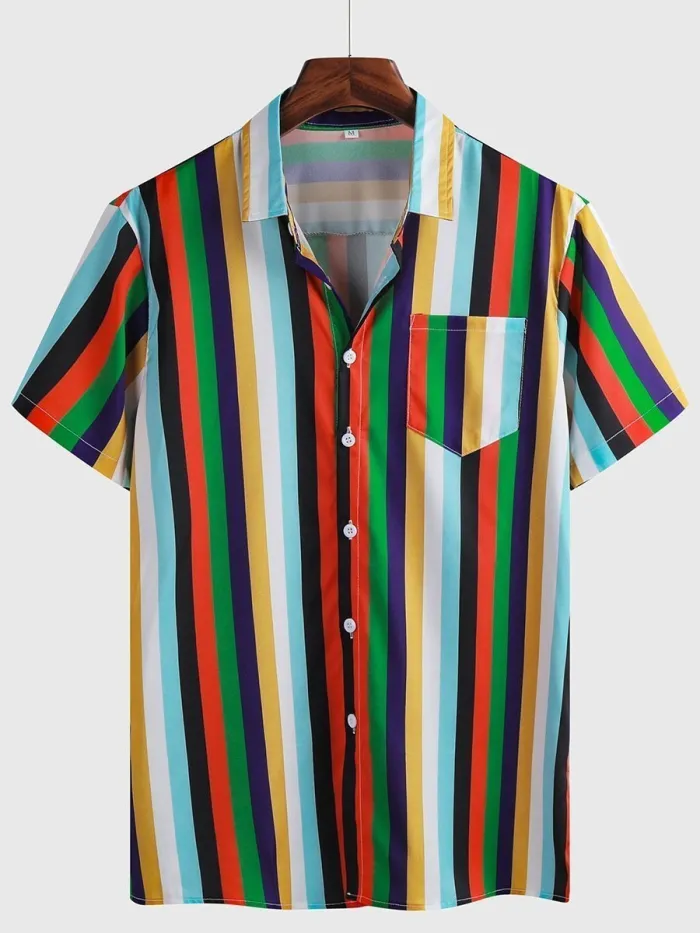 Cool Rainbow Striped Patch Pocket Shirts