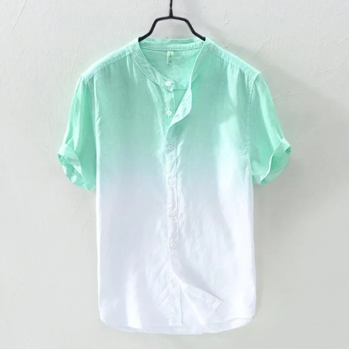 Mens Gradient Color Summer Short Sleeve Cotton Shirt